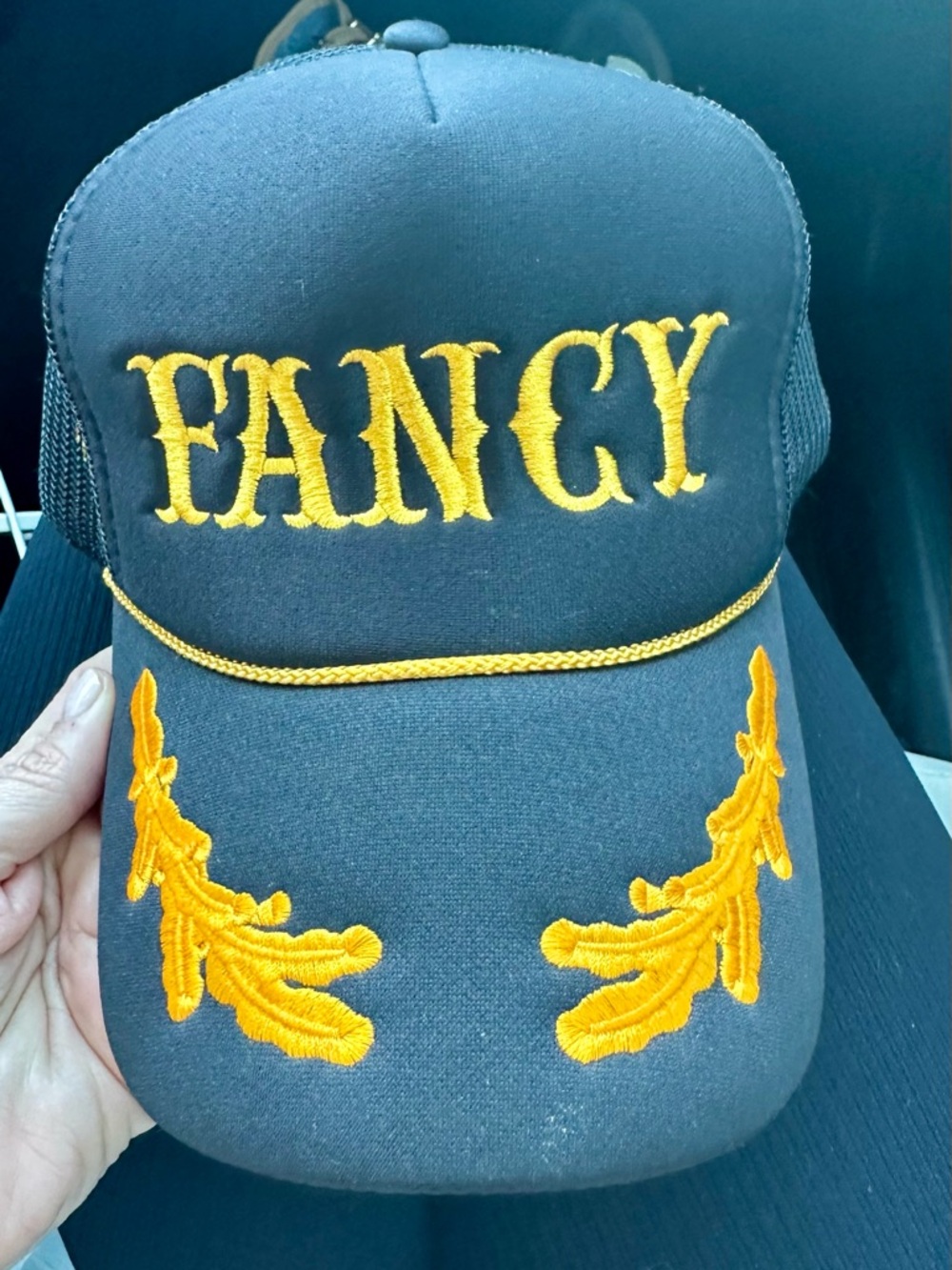 Fancy Trucker Hat Black Gold Embroidered Snapback Mesh Cap Adjustable